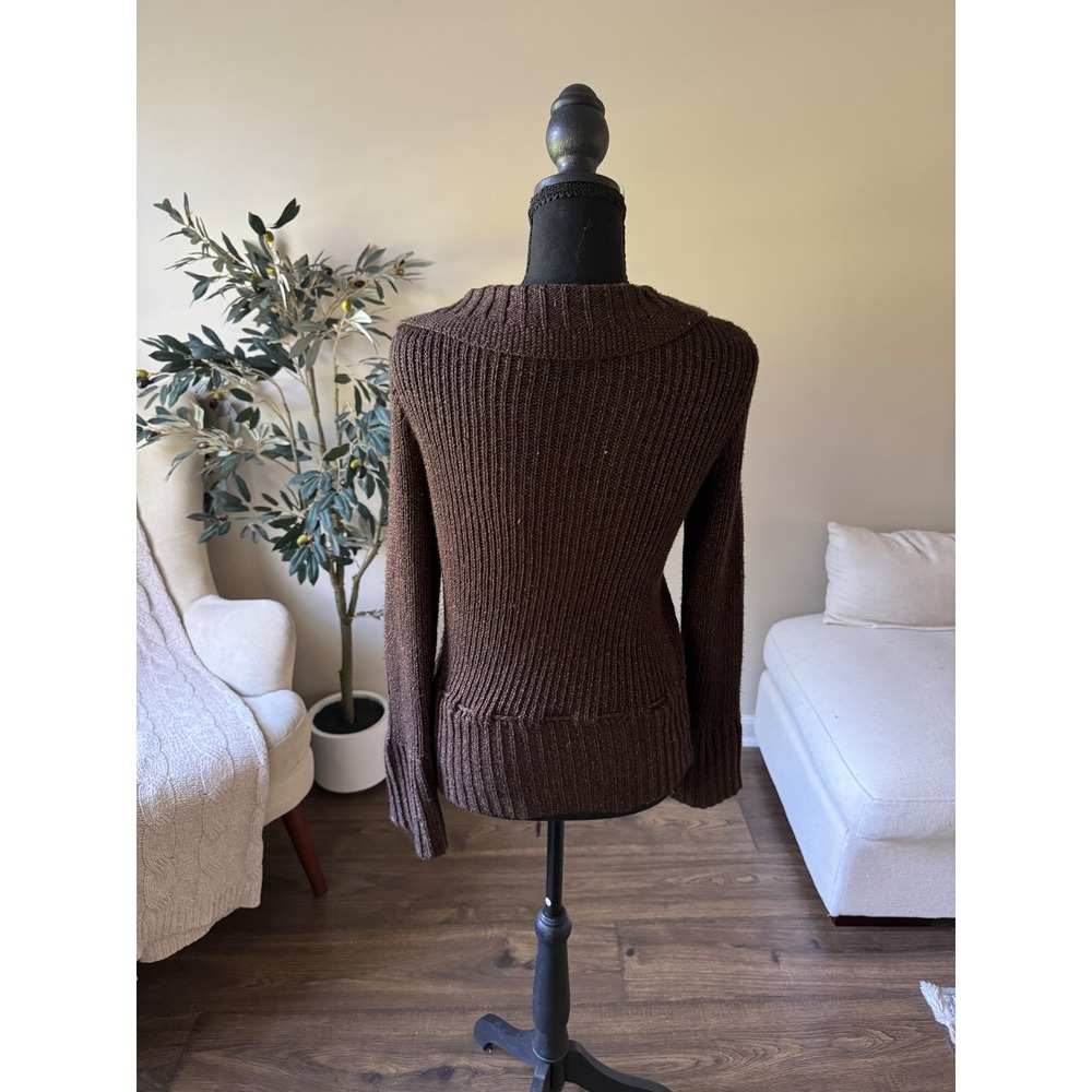 J. Jill Brown Ribbed Knit Cardigan Notched Collar Drawstring Waist Sweater Small - Picture 4 of 4